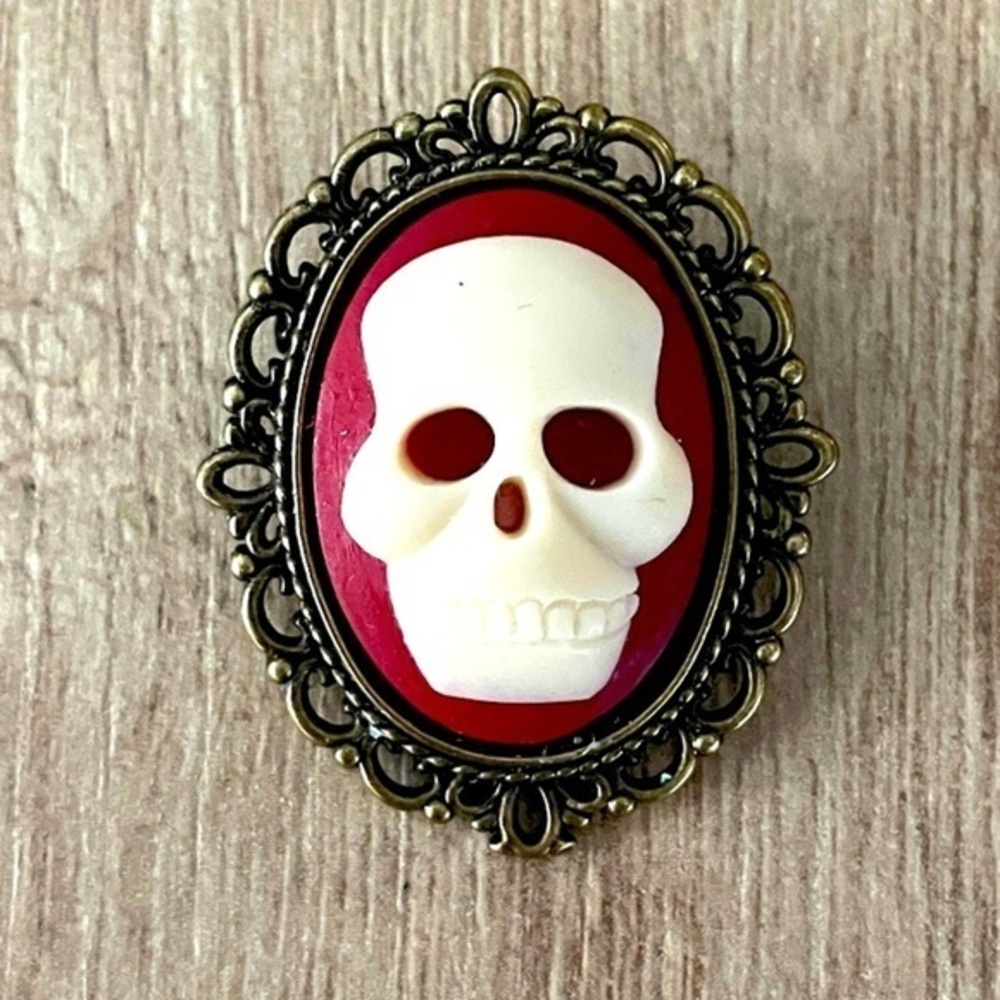 Red and White Skull Cameo Pendant Brooch, Handmade, NWT